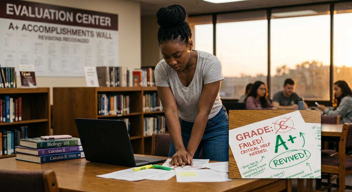 Student reviewing study materials in the evaluation center